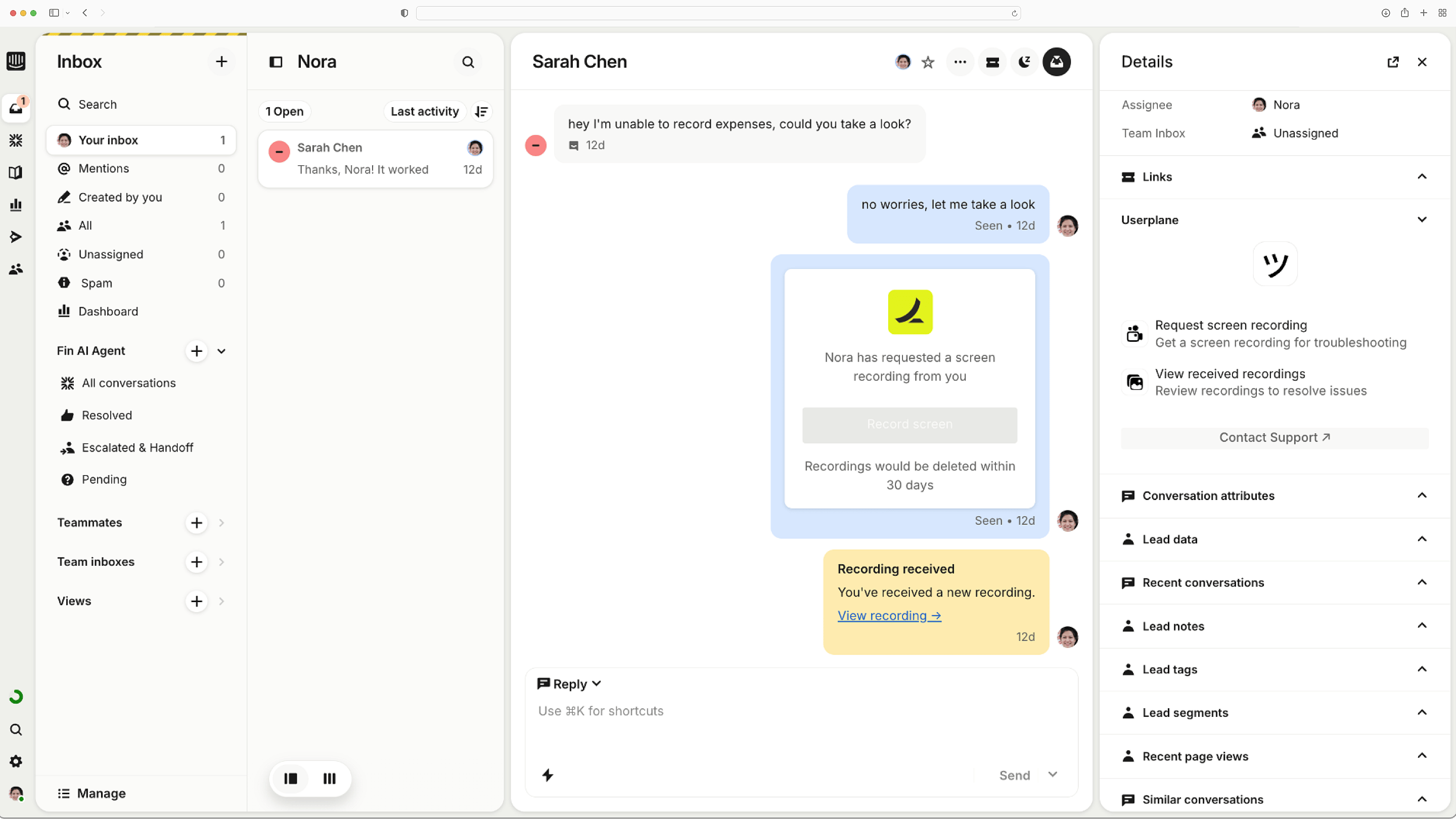 Userplane screen recording inside an Intercom conversation