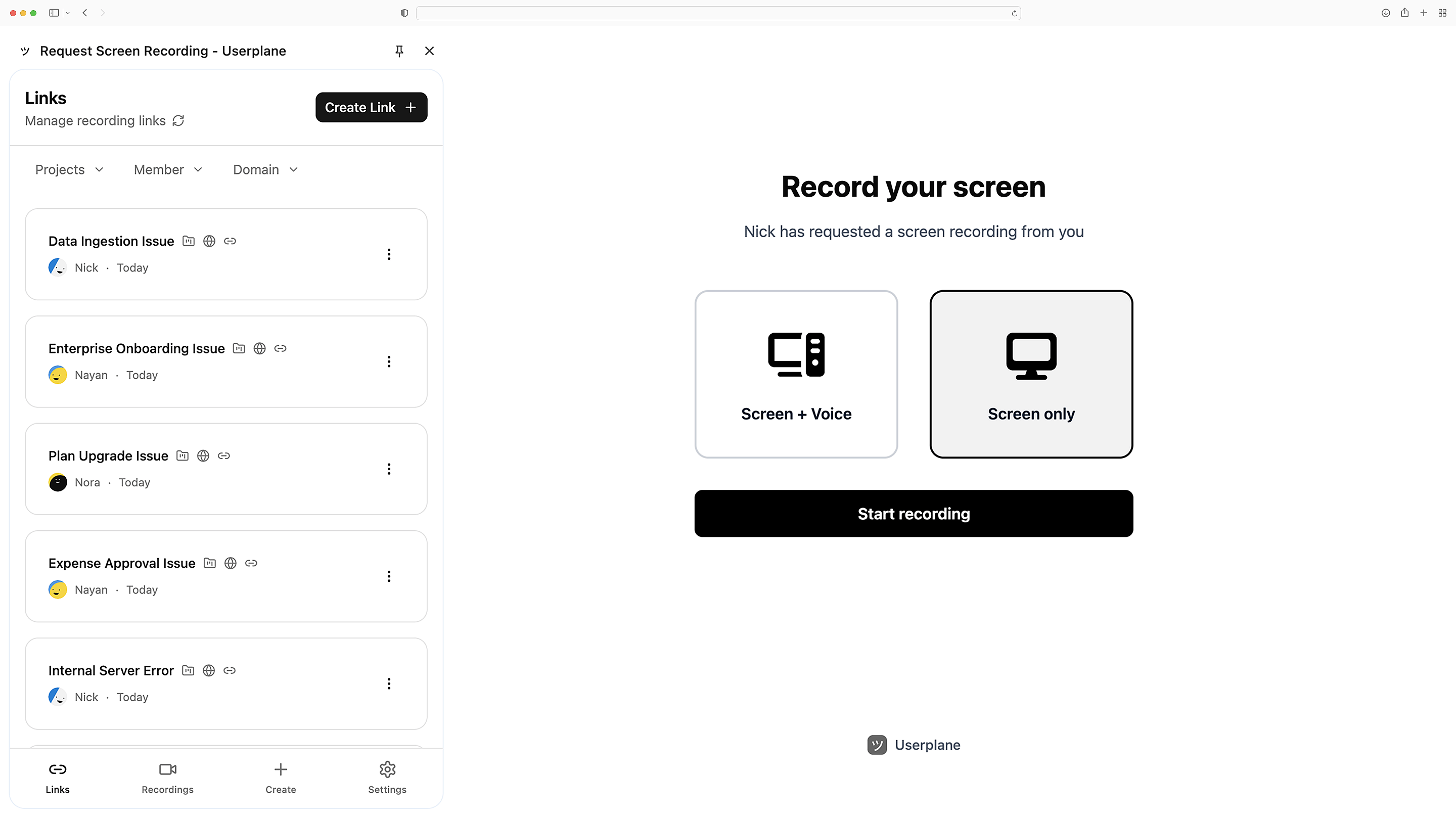 Userplane Chrome Extension recording a browser session